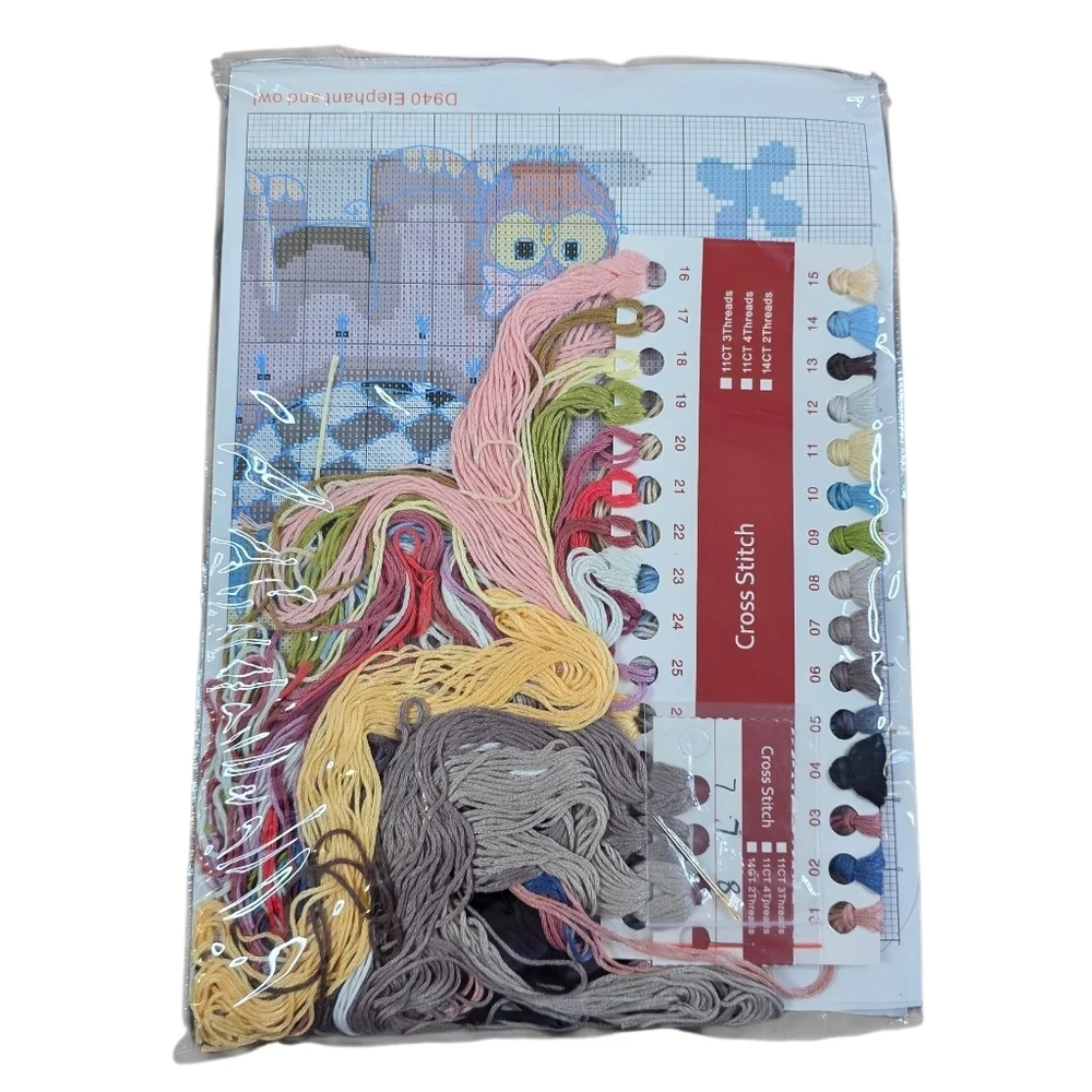 New Elephant Owl Cross Stitch Kit DIY Craft Pre-Printed Fabric Nursery Decor
